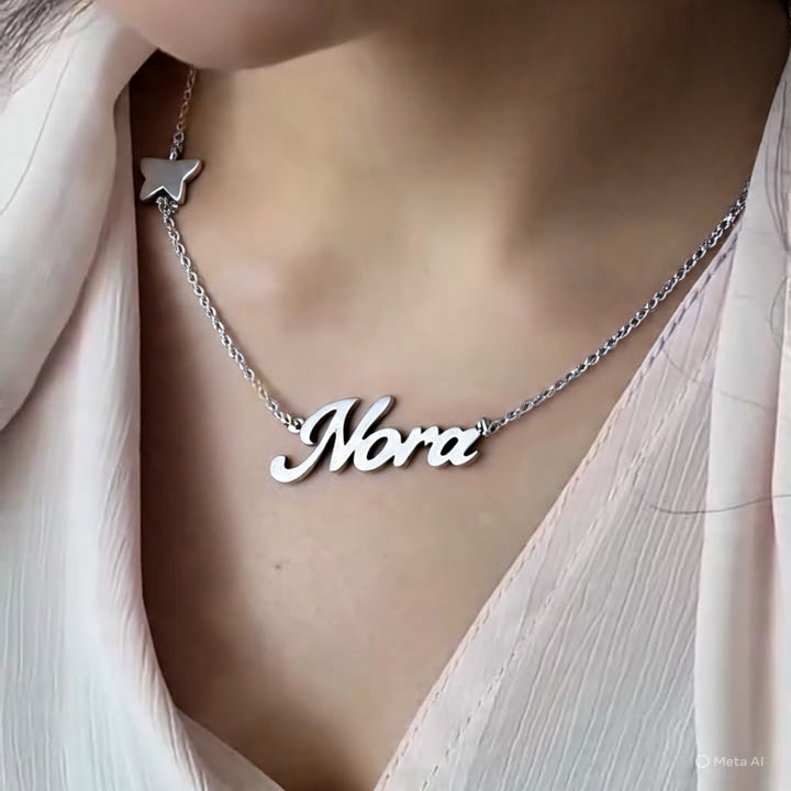 Custom Name Necklace with Butterfly Charm – Elegant Script Pendant in Gold