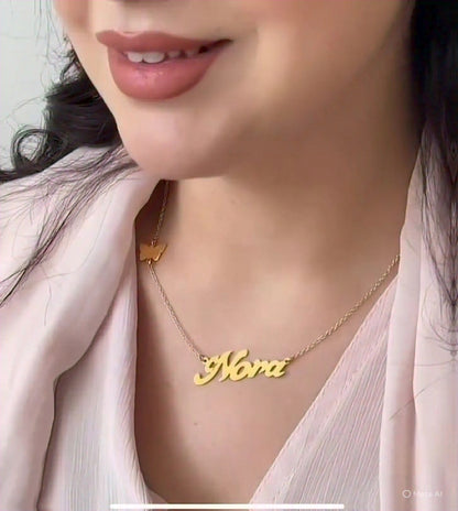 Custom Name Necklace with Butterfly Charm – Elegant Script Pendant in Gold