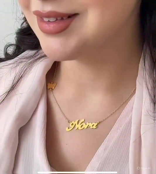 Custom Name Necklace with Butterfly Charm – Elegant Script Pendant in Gold